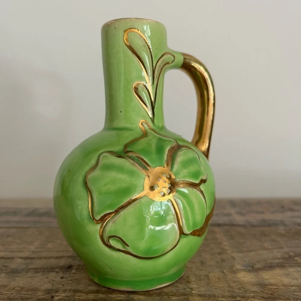 Green and Gold Floral Ceramic Vase